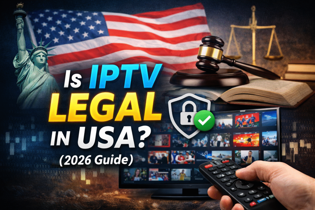 Is IPTV legal in USA 2026 guide illustration with American flag, legal gavel, streaming TV screen and secure IPTV symbol