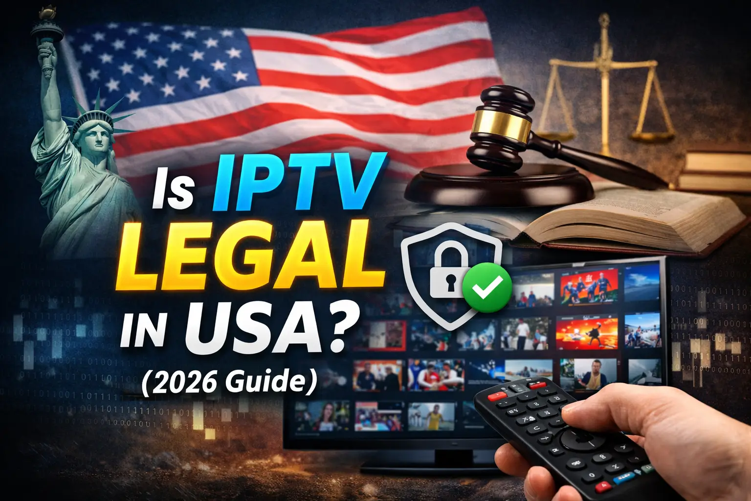 Is IPTV legal in USA 2026 guide illustration with American flag, legal gavel, streaming TV screen and secure IPTV symbol