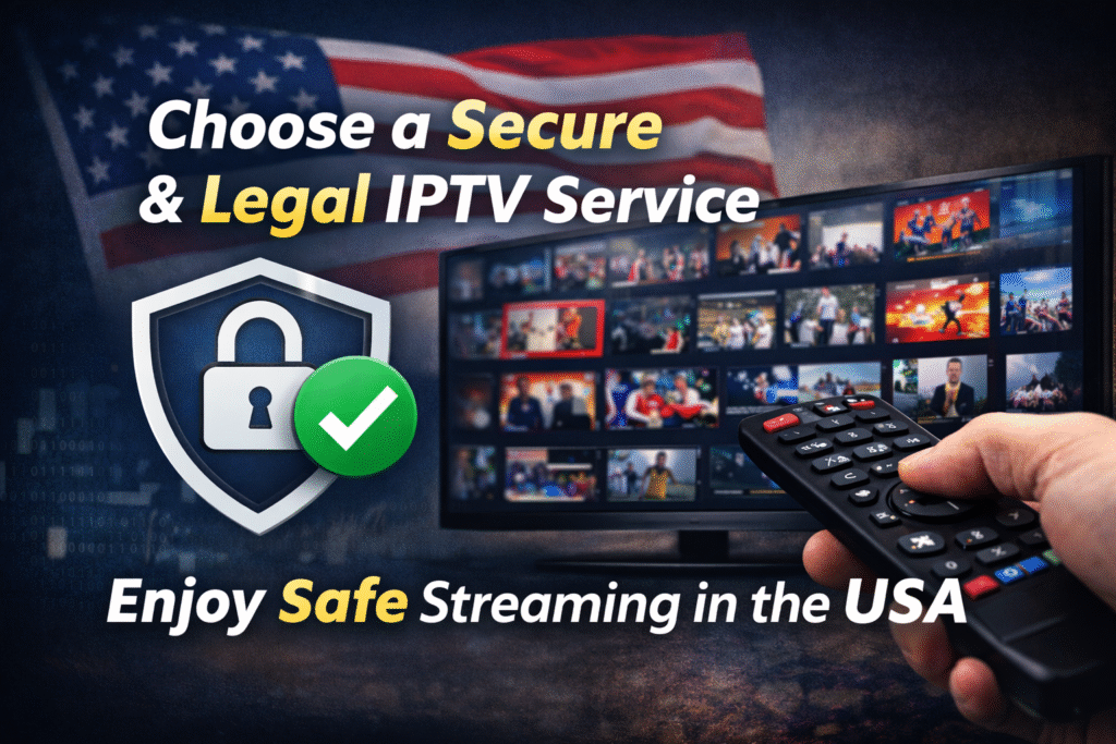 Secure and legal IPTV service in USA concept showing protected streaming, smart TV interface and safety shield icon
