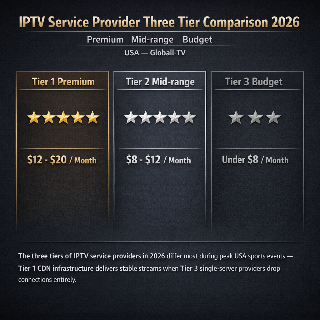 IPTV service provider tiers 2026 — Tier 1 Premium Tier 2 Mid-range Tier 3 Budget comparison USA