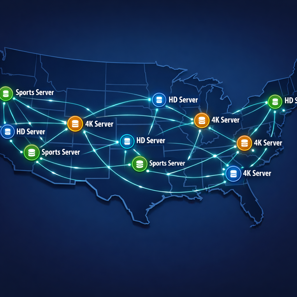 Best IPTV services 2026 USA CDN server network map — Sports Server 4K Server HD Server nodes across Seattle Chicago Phoenix Miami