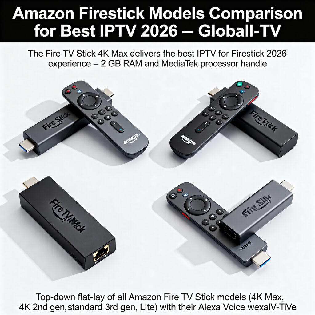 Amazon Firestick models comparison 2026 showing 4K Max standard and Lite for best IPTV Firestick