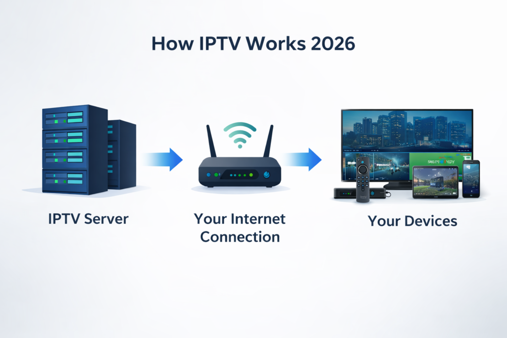 How IPTV works diagram 2026 — IPTV server delivers live TV over internet to Firestick and devices