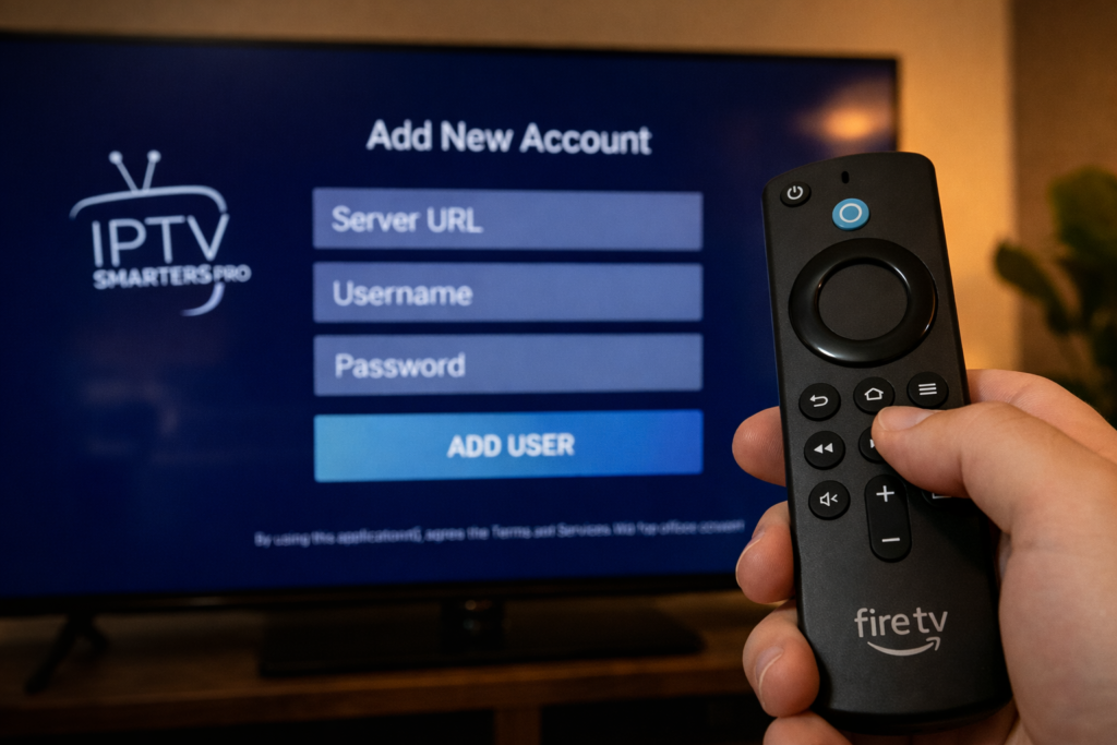 How to get started with IPTV on Firestick 2026 — entering IPTV credentials in IPTV Smarters Pro setup screen