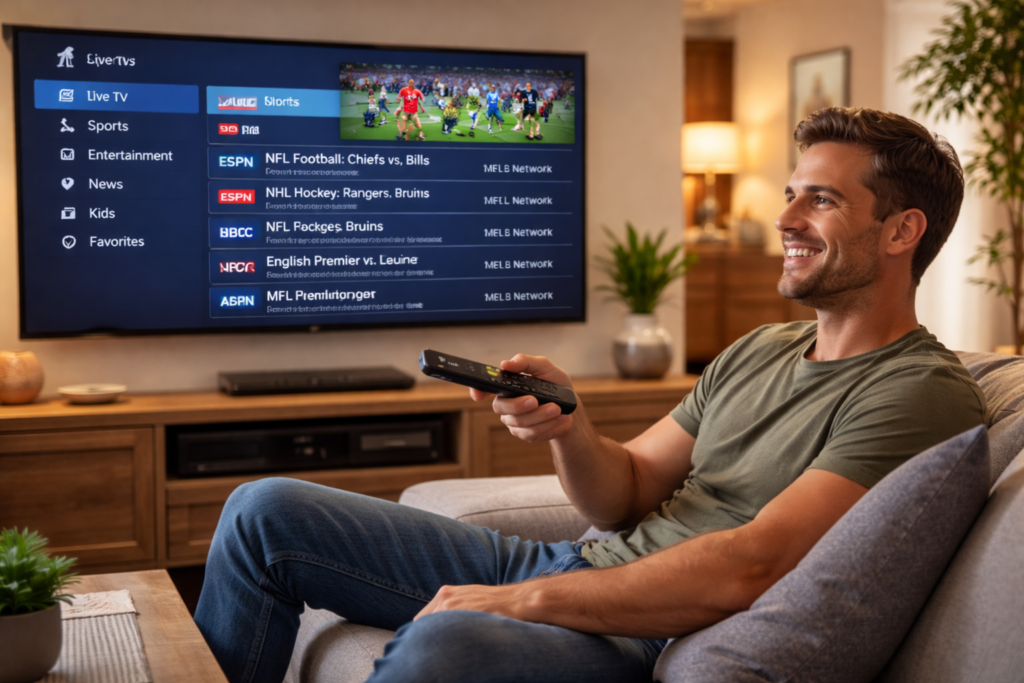 Watching best IPTV apps on Firestick 2026 in USA living room — buffer-free streaming with premium service