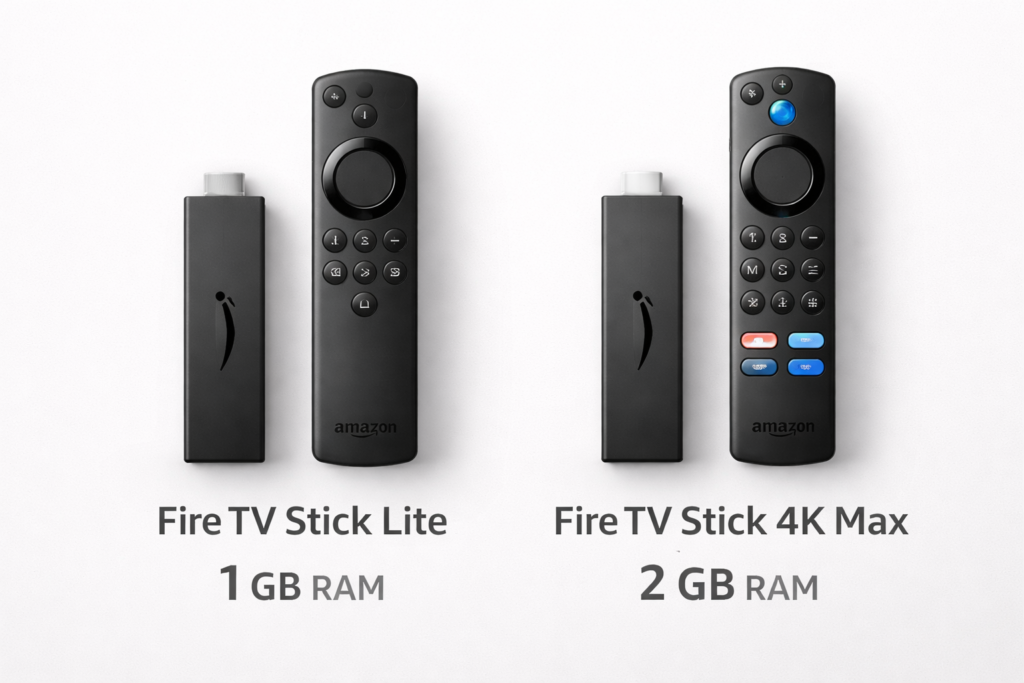 Firestick Lite vs 4K Max RAM comparison for IPTV not working fix 2026 — 1 GB vs 2 GB models