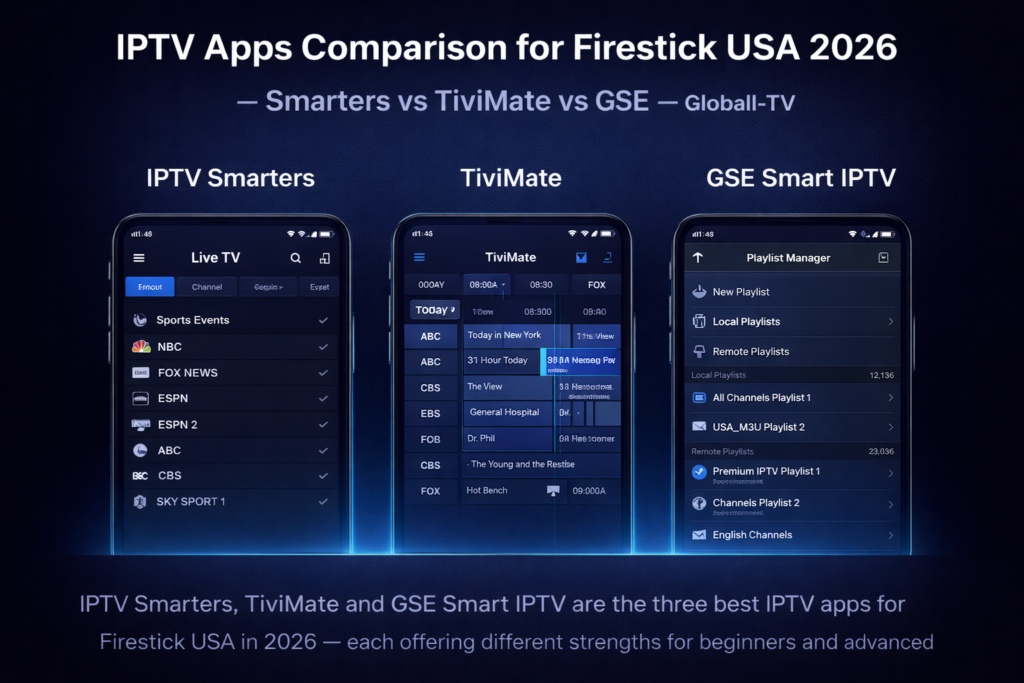 Best IPTV apps for Firestick USA 2026 — IPTV Smarters vs TiviMate vs GSE Smart IPTV comparison side by side