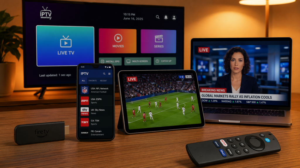 IPTV compatible devices 2026 — Firestick smartphone tablet laptop and Smart TV all support IPTV streaming