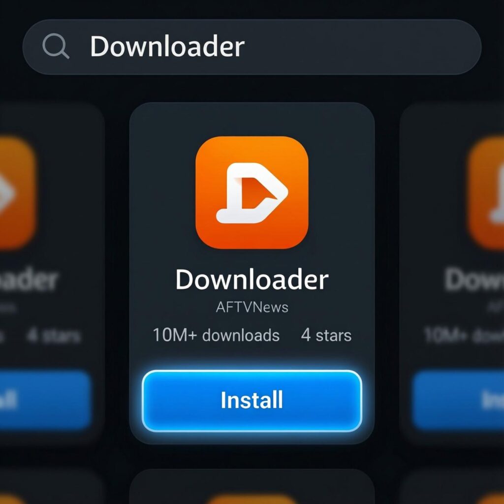 Amazon Firestick App Store search results showing Downloader app by AFTVnews with Install button — step 2 IPTV installation 2026
