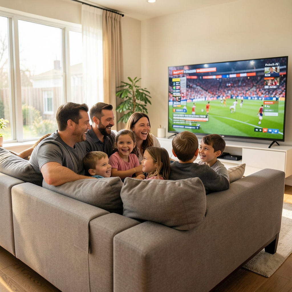 family watching best IPTV for Firestick 2026 live sports on TV in living room USA