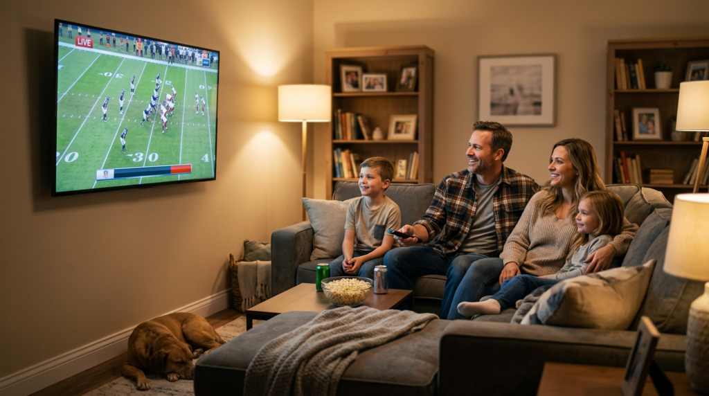 IPTV Smart TV setup complete 2026 USA family watching live sports on Smart TV with 25000 channels