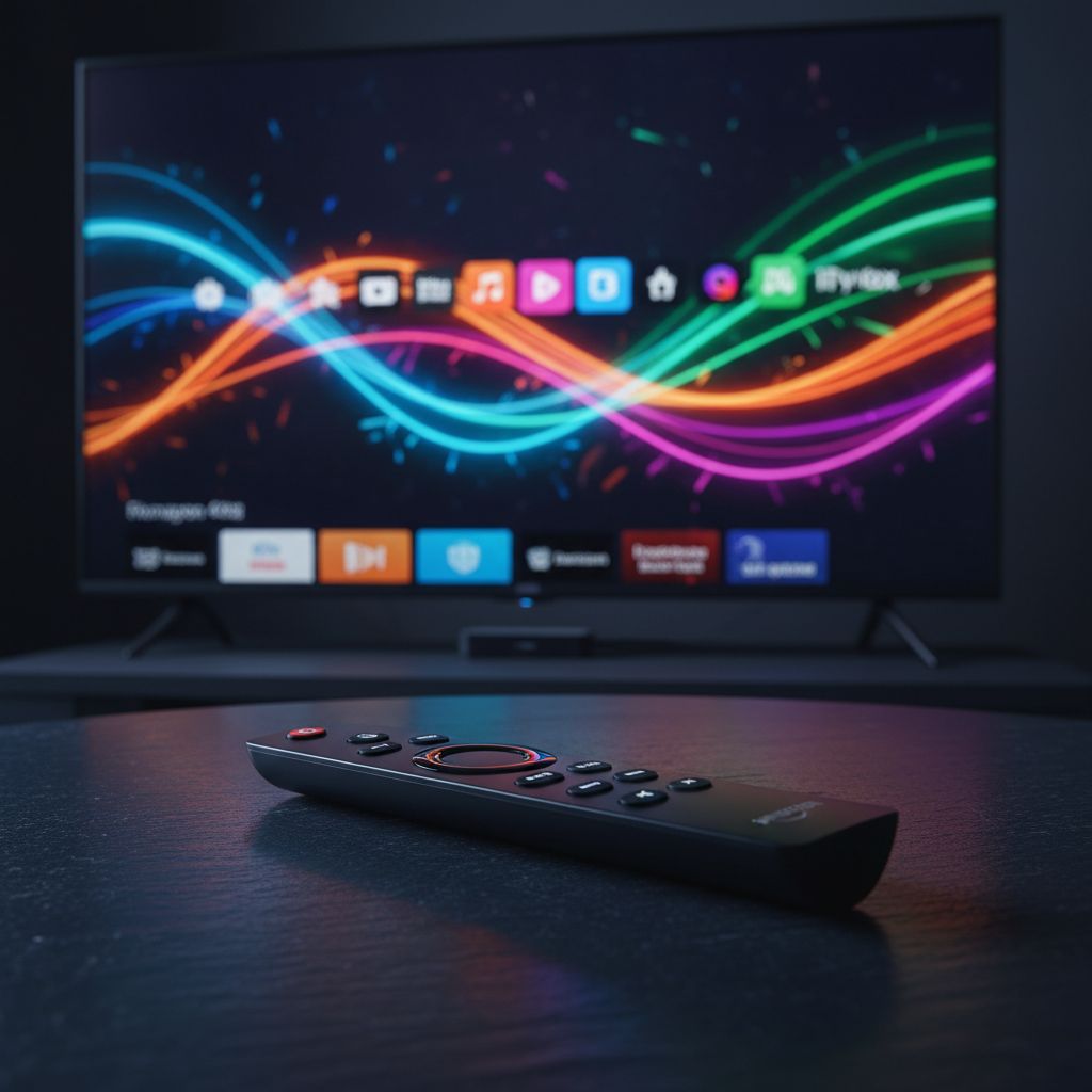 Amazon Firestick remote control with IPTV streaming interface on smart TV in dark living room USA 2026