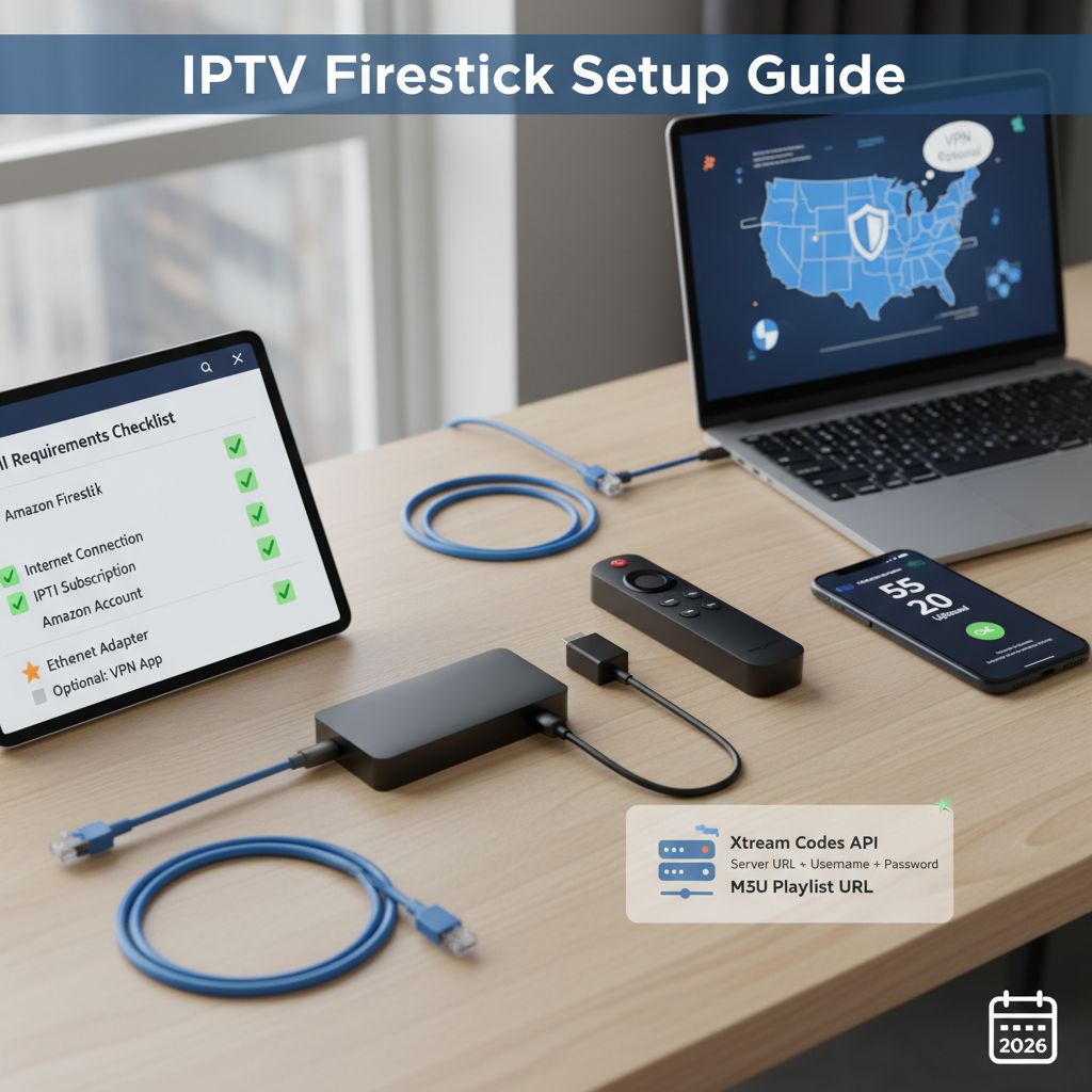 IPTV Firestick setup guide 2026 showing Amazon Firestick device ethernet adapter requirements checklist Xtream Codes M3U playlist