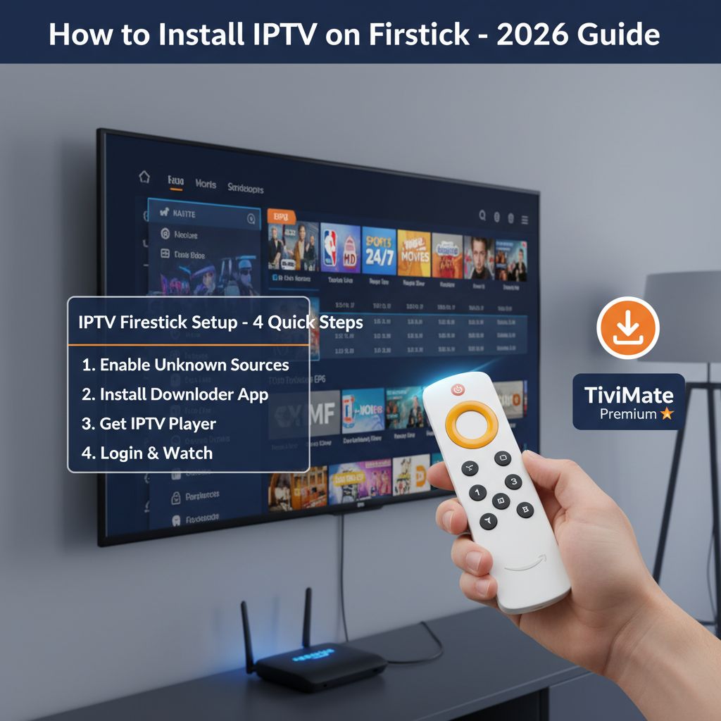 How to install IPTV on Firestick 2026 step by step guide 4 steps enable unknown sources install downloader app TiviMate Premium