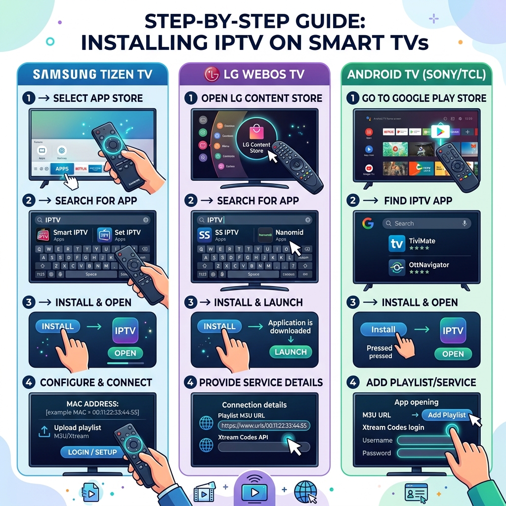 Step-by-step IPTV installation on Samsung Tizen, LG WebOS, and Android TV with remote control and app screens