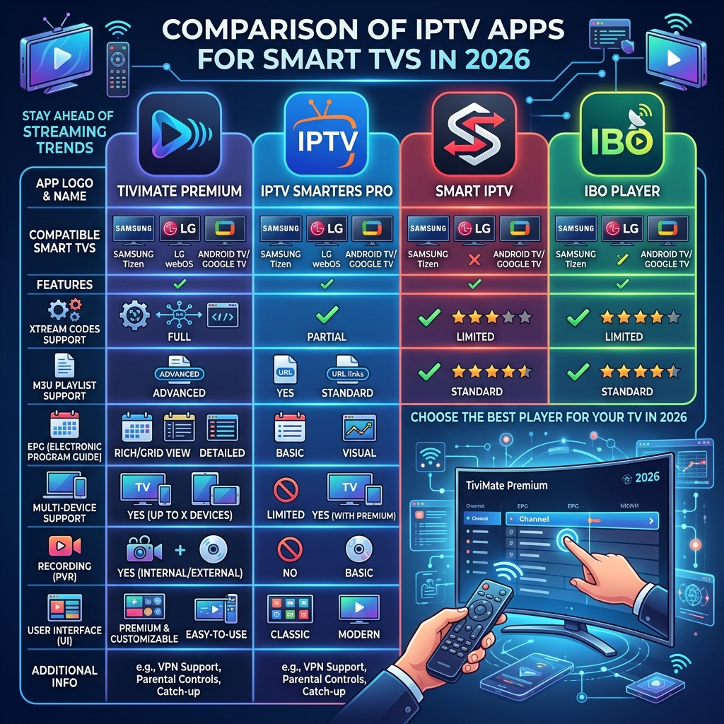 IPTV app comparison chart for Smart TV including TiviMate, IPTV Smarters Pro, Smart IPTV, and IBO Player