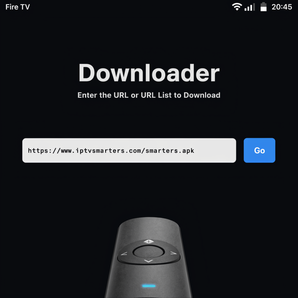 Downloader app on Firestick entering IPTV Smarters APK URL 2026 — how to install IPTV on Firestick via sideload
