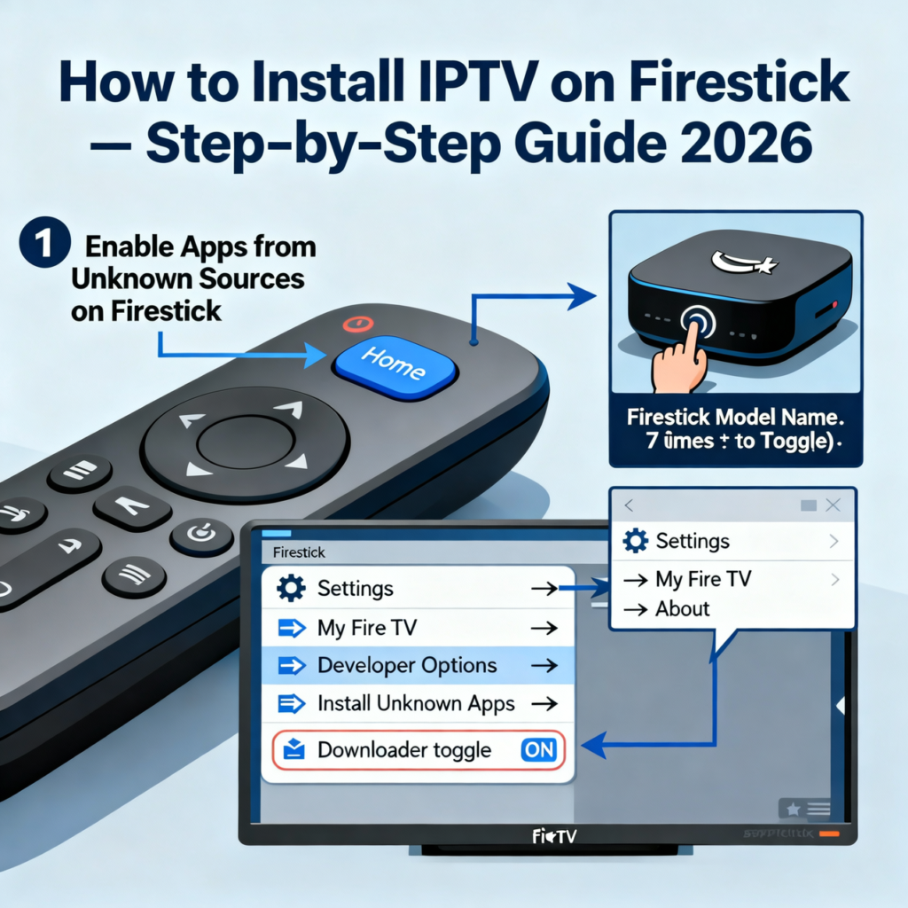 How to install IPTV on Firestick 2026 — enable unknown sources Developer Options Install Unknown Apps Downloader toggle ON