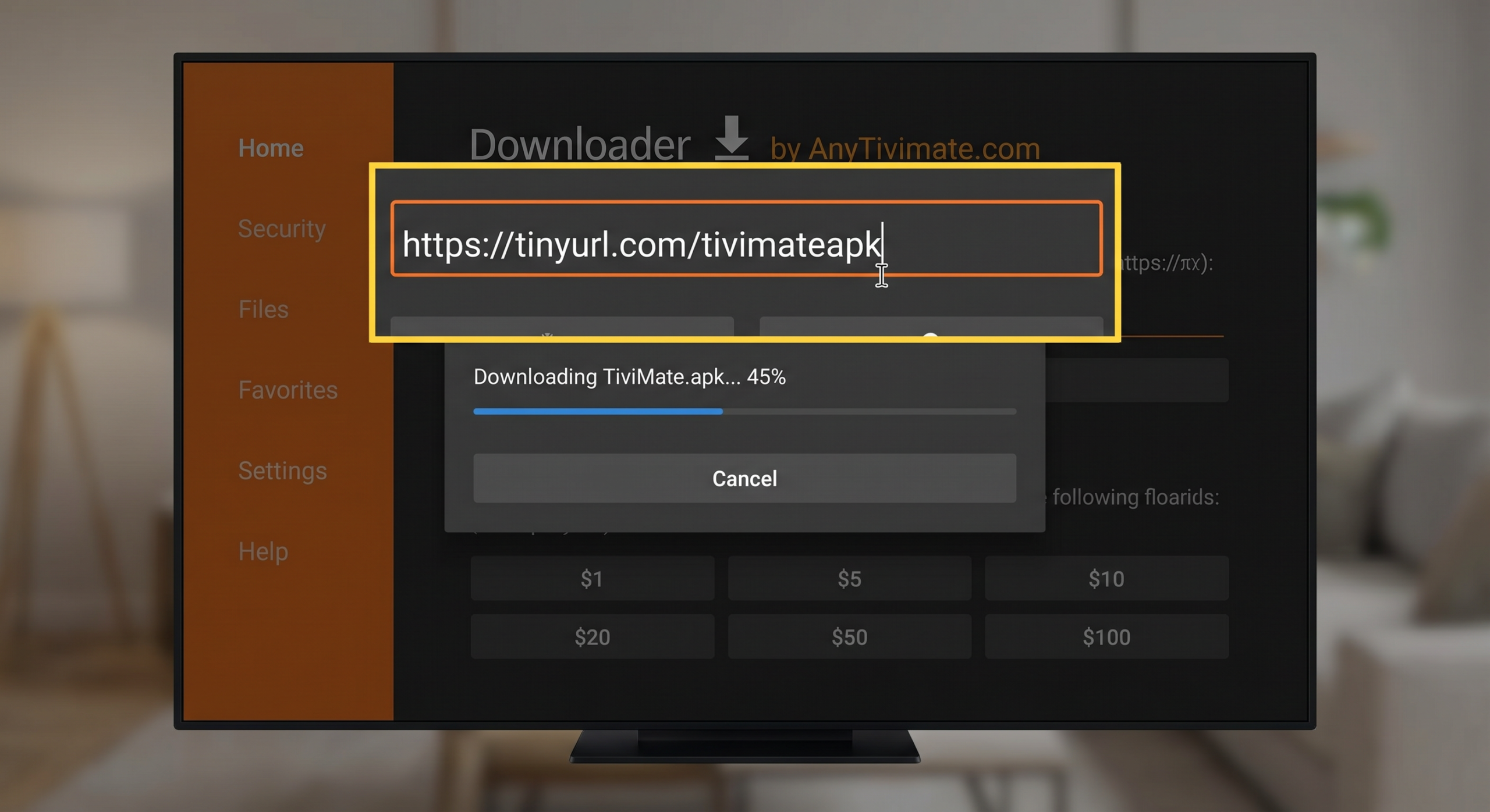 Downloader app on Firestick used to download TiviMate APK file for setup