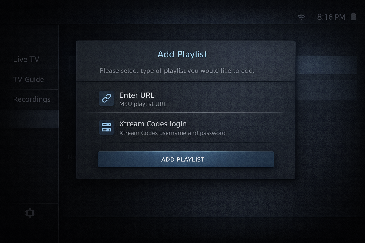 TiviMate add playlist screen on Firestick showing M3U URL and Xtream Codes options