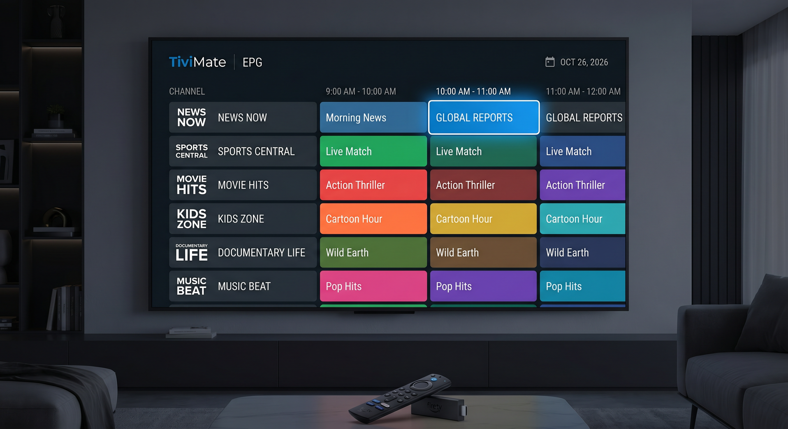 TiviMate EPG program guide on Firestick showing live TV schedule after setup