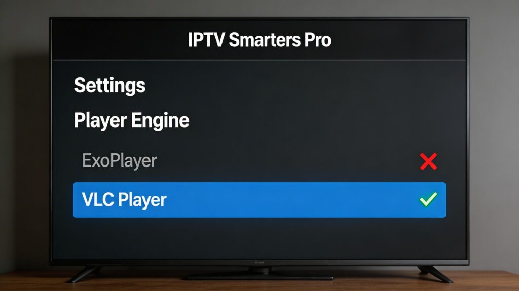 IPTV Smarters Pro player settings on Firestick showing switch from ExoPlayer to VLC Player to fix black screen 2026
