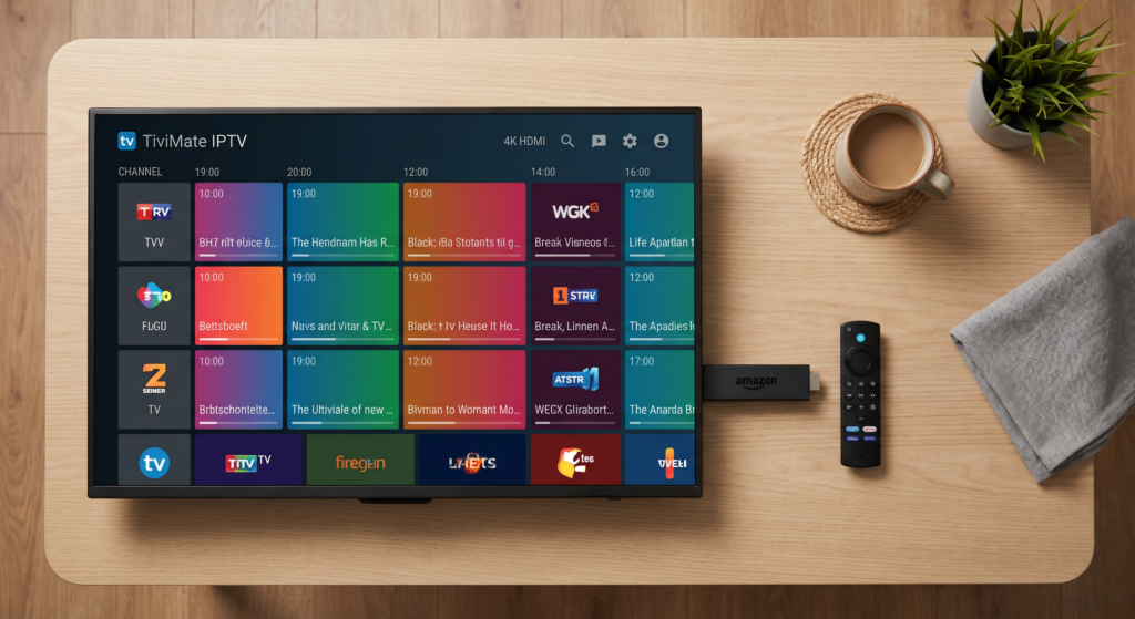 TiviMate firestick setup showing live TV channel guide on 4K TV screen