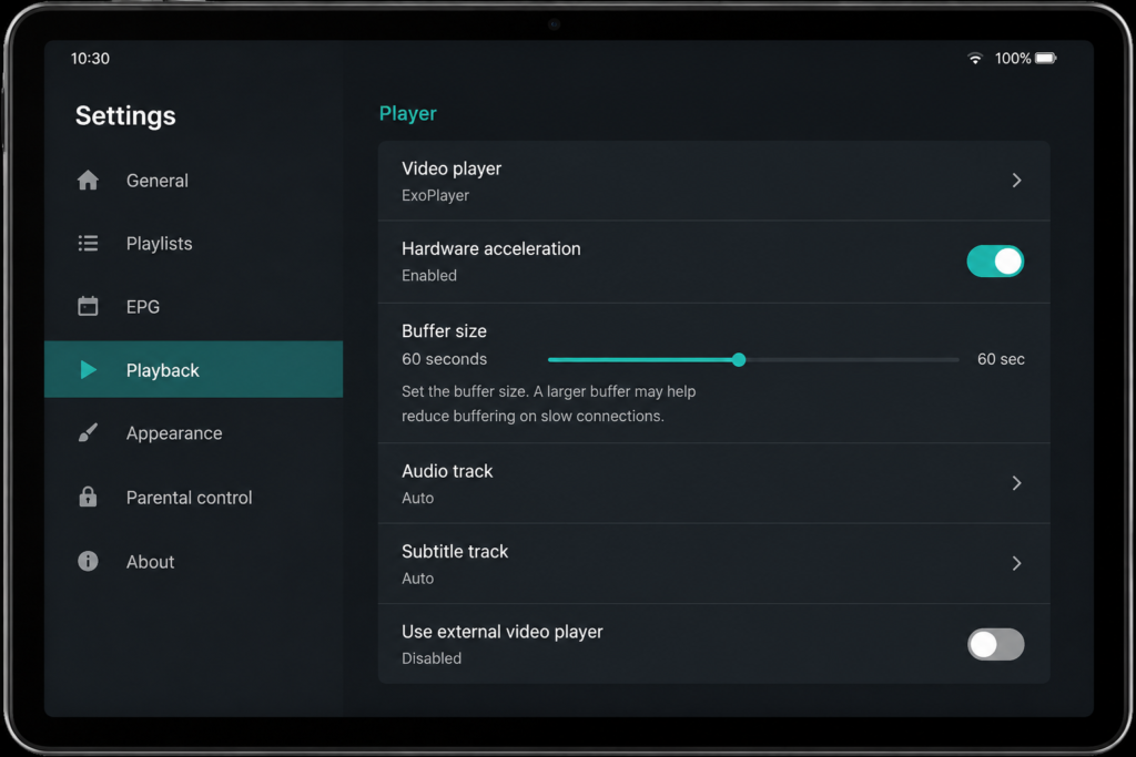 TiviMate player settings buffer size and ExoPlayer settings to stop buffering on Firestick