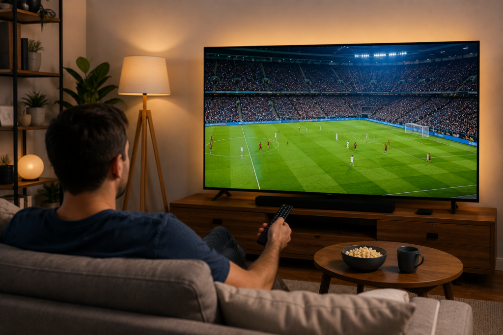 Person watching IPTV sports stream on Firestick with TiviMate buffering fixed
